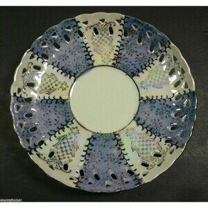 Japanese Lusterware Pierced Saucer Plate Purple & White Gold Edges